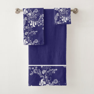 Navy Blue White Ocean Life Pattern Bath Towel Set