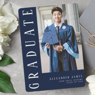 Navy Blue White One Photo Graduation  Invitation