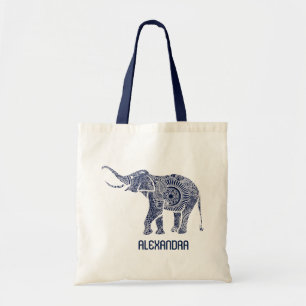 Navy Blue & White Ornate Swirls Elephant Monogram Tote Bag