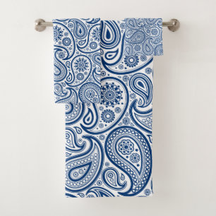 Navy Blue & White Paisley pattern Bath Towel Set