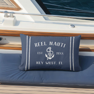Navy Blue & White Personalized Boat Name Anchor Lumbar Pillow
