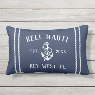 Navy Blue & White Personalized Boat Name Anchor Lumbar Pillow