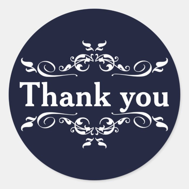 Navy Blue & White Personalized Thank You Classic Round Sticker (Front)