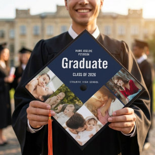 Navy blue & white photo collage memory graduation cap topper