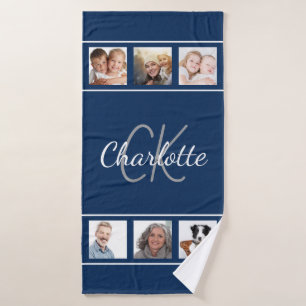 Navy blue white photo collage monogram script bath towel