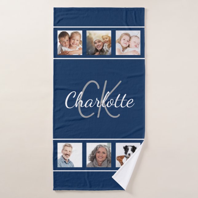 Navy blue white photo collage monogram script bath towel (Bath Towel)
