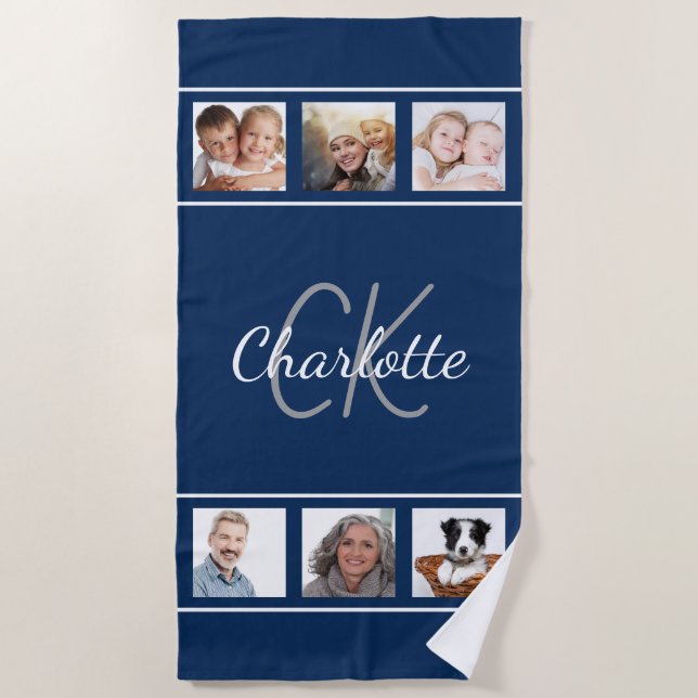 Navy blue white photo collage monogram script beach towel (Front)