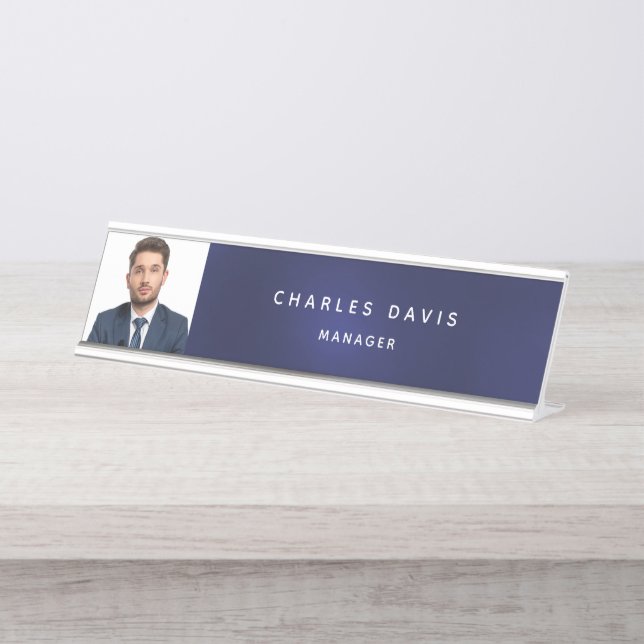 Navy blue white photo desk name plate (Front)