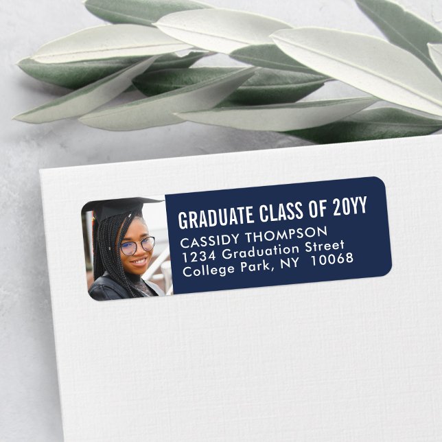 Navy Blue White Photo Graduation Return Address (Creator Uploaded)