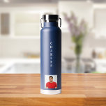 Navy blue white photo guy water bottle<br><div class="desc">White text printed on a navy blue bottle. Personalize and add your name and a profile photo.</div>