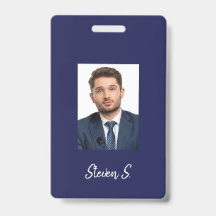 Navy blue white photo name badge
