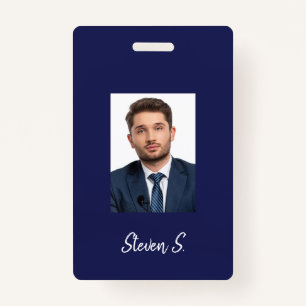 Navy blue white photo name badge