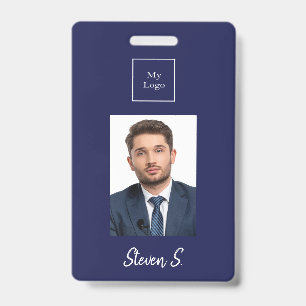 Navy blue white photo name business logo badge