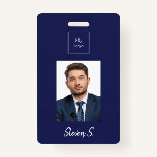 Navy blue white photo name business logo badge