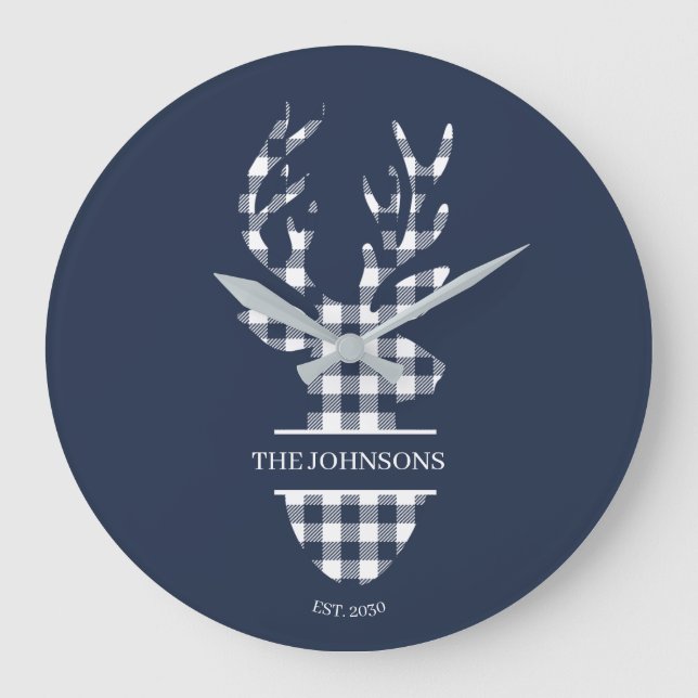 Navy Blue & White Plaid Deer Family Name Large Clock (Front)