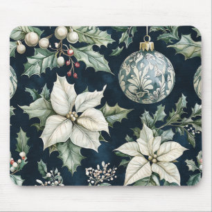 Navy Blue White Poinsettia Holly Christmas Mouse Pad