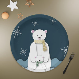 Navy Blue White Polar Bear Mom with Baby Party Paper Plate