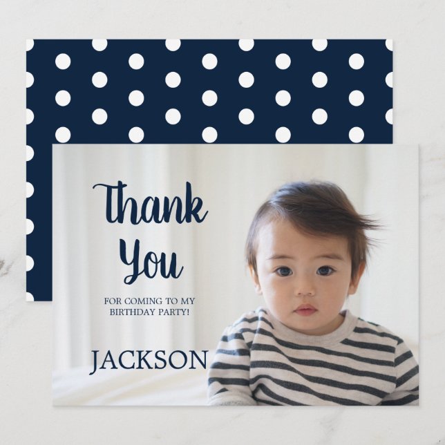 Navy Blue White Polka Dot Child's Birthday Thank Invitation (Front/Back)