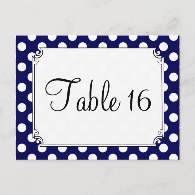 Navy Blue & White Polka Dot Wedding Table Numbers Postcard (Front)