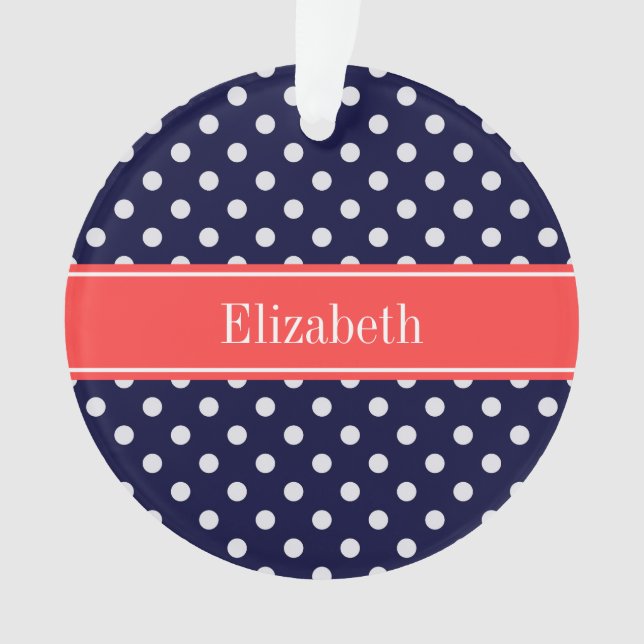 Navy Blue White Polka Dots Coral Name Monogram Ornament (Front)