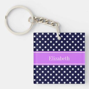 Navy Blue White Polka Dots Lilac Name Monogram Keychain