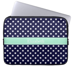 Navy Blue White Polka Dots Mint Name Monogram Laptop Sleeve