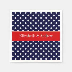 Navy Blue White Polka Dots Red Name Monogram Napkin