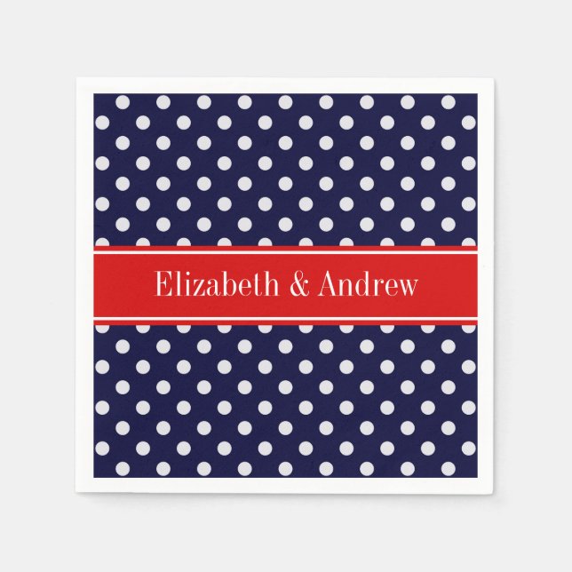 Navy Blue White Polka Dots Red Name Monogram Napkin (Front)