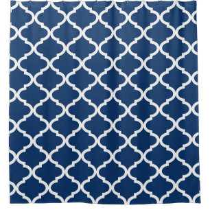 Navy Blue White Quatrefoil Lattice Shower Curtain