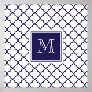 Navy Blue, White Quatrefoil Monogram Large Poster