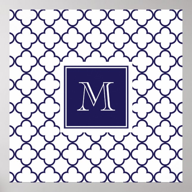 Navy Blue, White Quatrefoil Monogram Large Poster (Front)