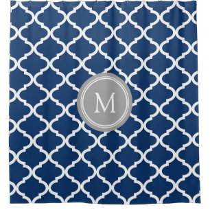 Navy Blue White Quatrefoil Monogram Shower Curtain