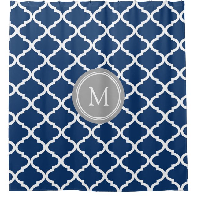 Navy Blue White Quatrefoil Monogram Shower Curtain (Front)