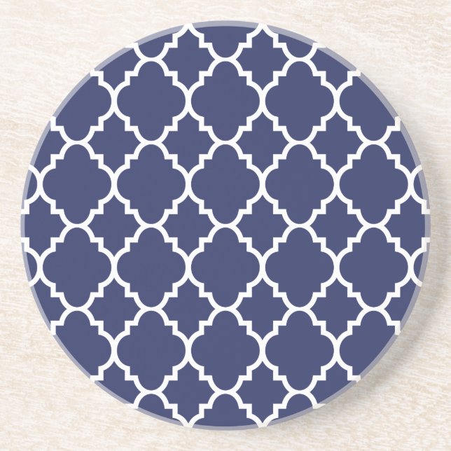 Navy Blue White Quatrefoil Moroccan Pattern Coaster (Front)