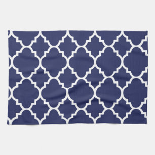 Navy Blue White Quatrefoil Moroccan Pattern Kitchen Towel