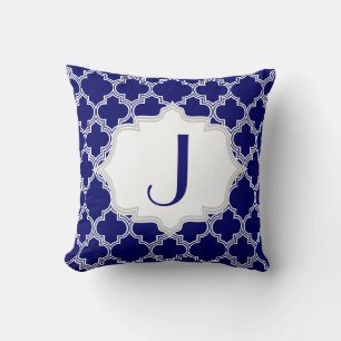 Navy blue, white quatrefoil Moroccan pattern throw Pillow