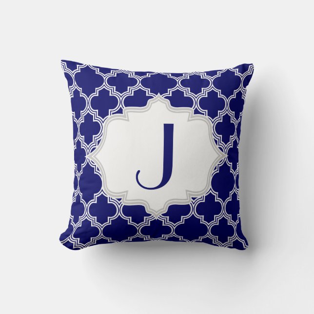 Navy blue, white quatrefoil Moroccan pattern throw Throw Pillow (Front)