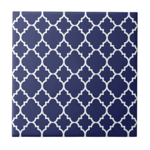 Navy Blue White Quatrefoil Moroccan Pattern Tile