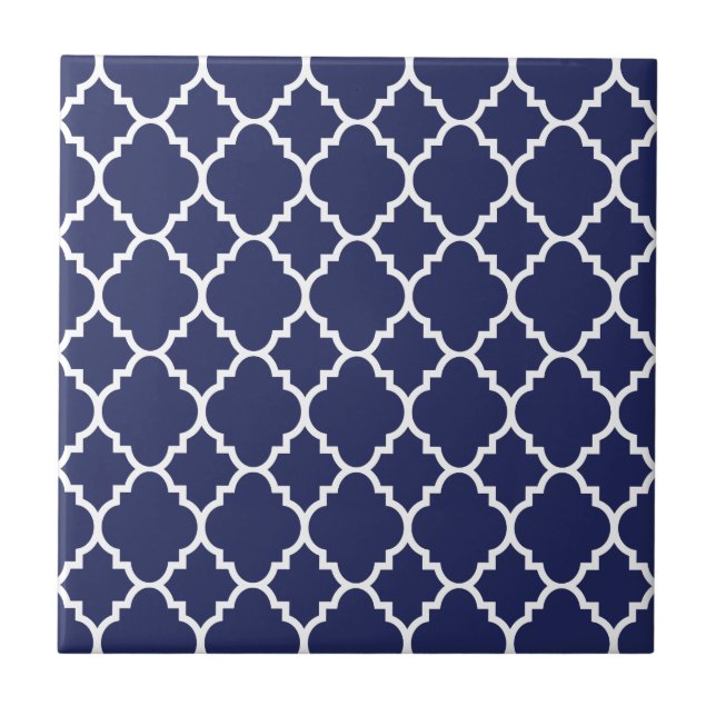 Navy Blue White Quatrefoil Moroccan Pattern Tile (Front)