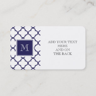 Navy Blue, White Quatrefoil Your Monogram Business Card