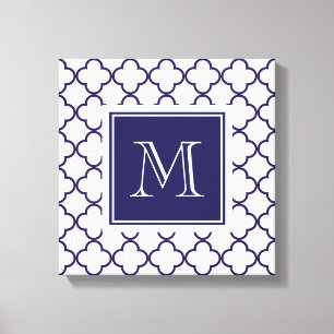 Navy Blue, White Quatrefoil Your Monogram Canvas Print