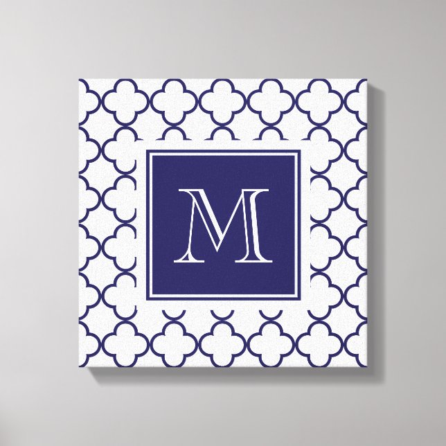 Navy Blue, White Quatrefoil | Your Monogram Canvas Print (Front)
