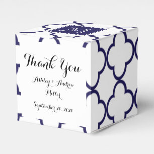 Navy Blue, White Quatrefoil   Your Monogram Favor Box