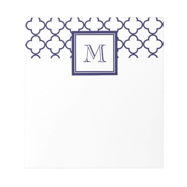 Navy Blue, White Quatrefoil | Your Monogram Notepad (Front)