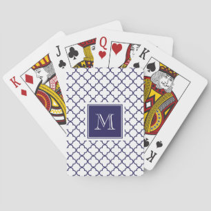 Navy Blue, White Quatrefoil   Your Monogram Playing Cards