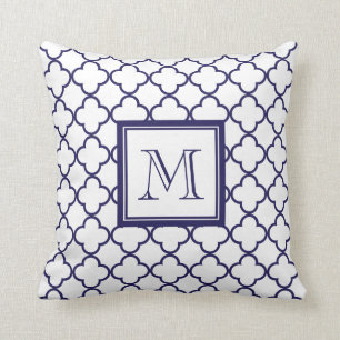 Navy Blue, White Quatrefoil   Your Monogram Throw Pillow