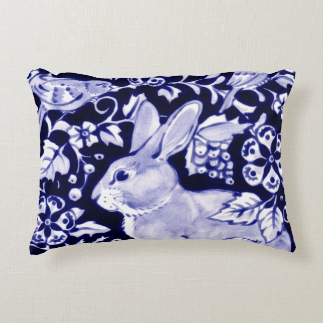 Navy Blue & White Rabbit Bird Floral Dedham Delft Accent Pillow (Front)