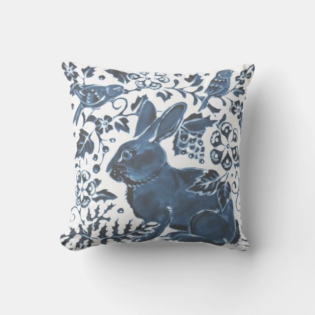 Navy Blue White Rabbit Bird Leaf Art Deco Asian Throw Pillow (Front)