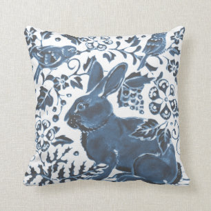 Navy Blue White Rabbit Bird Leaf Art Deco Asian Throw Pillow