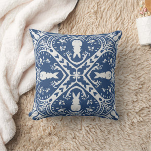 Navy Blue & White Rabbit & Bird Medallion Pattern Throw Pillow